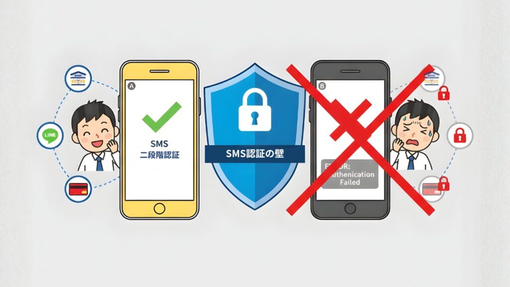 日本の携帯番号を持っている留学生がSMS認証を完了して喜ぶ様子と、持っていない留学生が認証失敗で困っている様子を対比。中央にはSMS認証の壁が描かれ、銀行やLINEなどのサービスアイコンが囲んでいるイラスト
