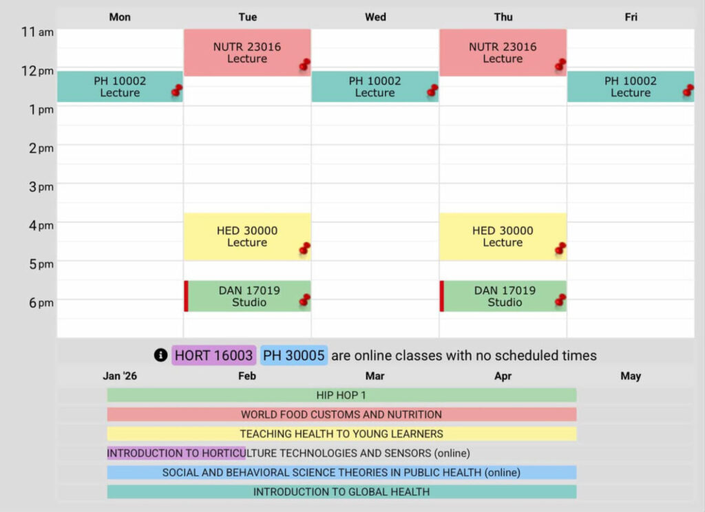 ケント州立大学に交換留学しているちさとさんの授業スケジュール