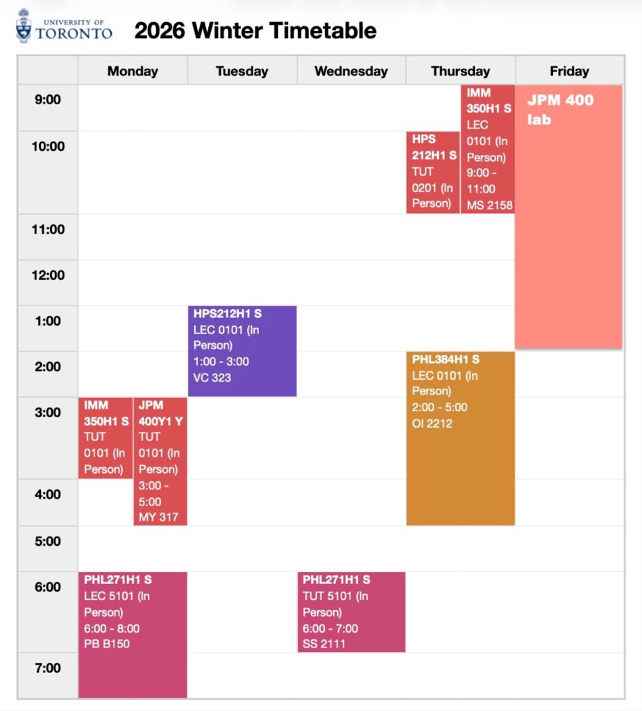 カナダのトロント大学に正規留学されているりほさんの授業スケジュール